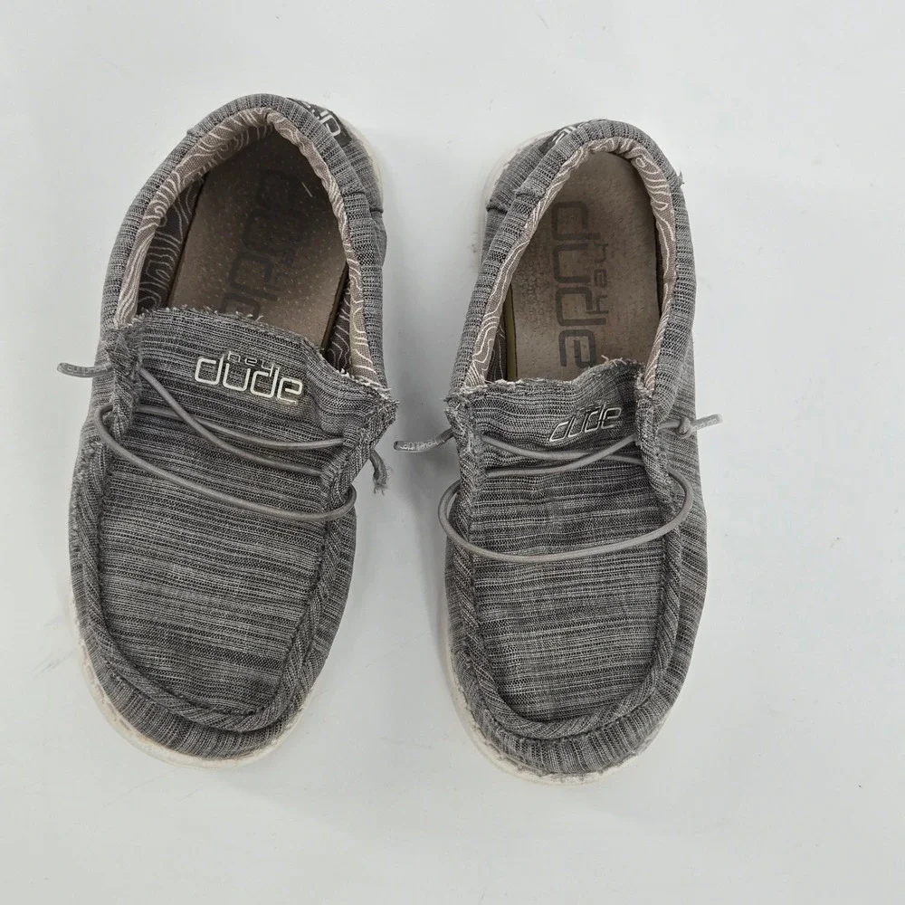 HeyDude Wally Youth Linen Stone Gray Loafers Canvas Slip On Shoes Size US 2Y GUC